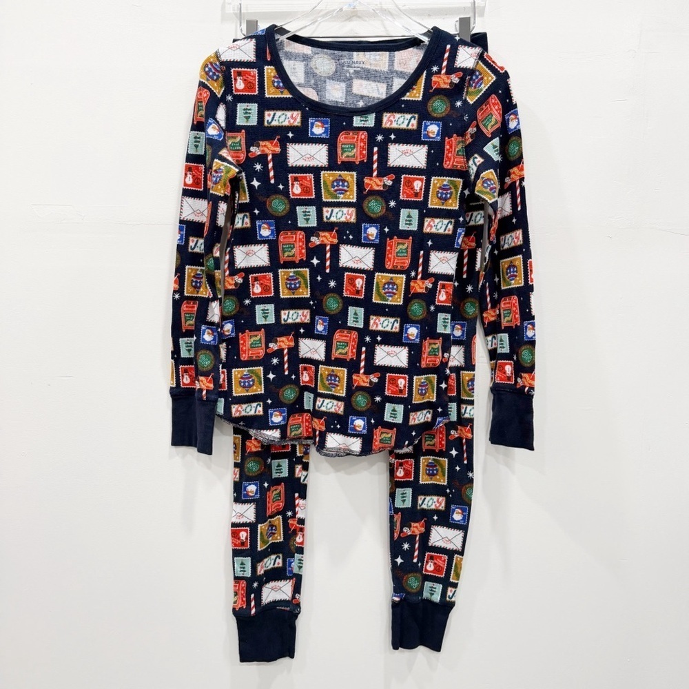 Old Navy Waffle Knit Pajama Set Pants Top Christmas Print Medium Navy